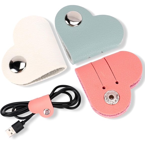 KALIONE Heart Cord Organizer 3 Pack Wrap Manager, USB Cable Organizer Storage PU Leather Earphones Storage Straps Portable Bag Charging Cable Holder Cute Headphone Case Gifts for Women Girls