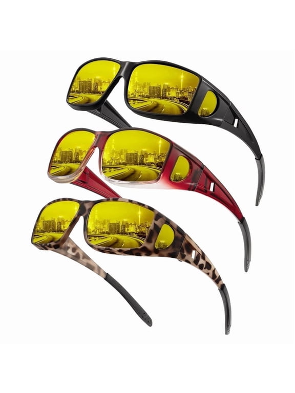 Night-Vision-Glasses Fit-Over-Glasses Wrap-Around Glasses: Night Vision Glasses Anti Glare HD for Driving