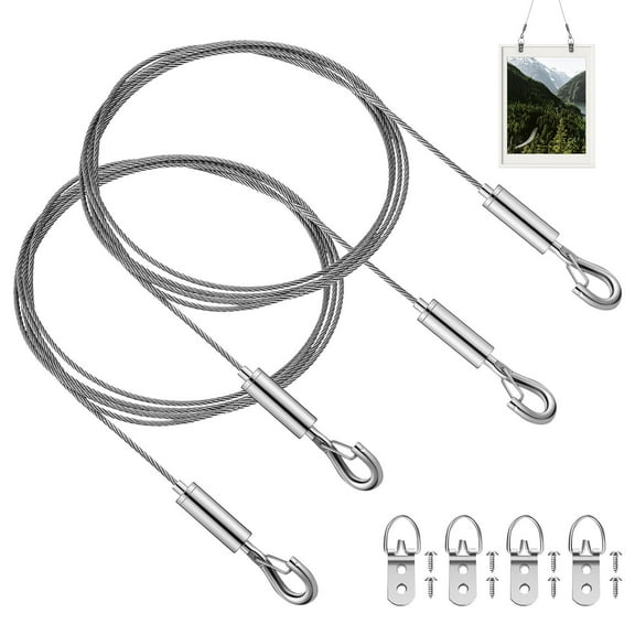 KALLORY 1Set Metal Cable Picture Hanging Kit Adjustable Stainless Steel Wire with Hooks for Home Wall Decor
