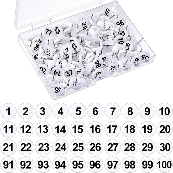 KALLORY 100PCS Numbered Pins: Thumb Tacks 1-100 - Flat Thumbtacks for Cork Boards - Small Pushpins - Marking Pins for Bulletin Board Map Display