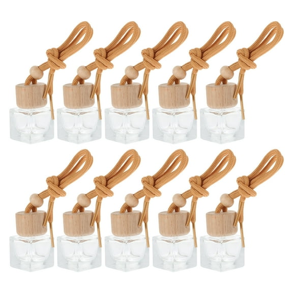KALLORY 10Pcs Car Diffusers For Essential Oils With Transparent Glass And Wooden Base Square Shape