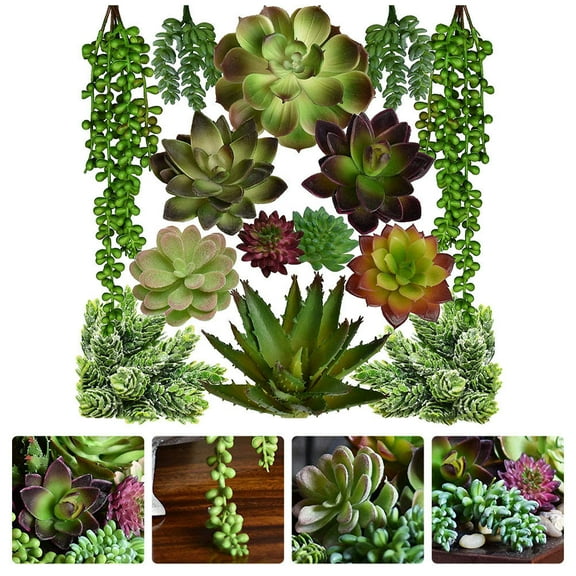 KALLORY 14Pcs Small Fake Succulents for Indoor and Outdoor Use in Green Color and Lightweight