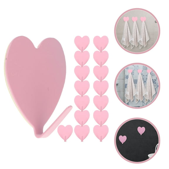KALLORY 16Pcs Heart Design Hooks Cute Room Decor Pink Iron Self-adhesive Wall Mounted Household Hooks