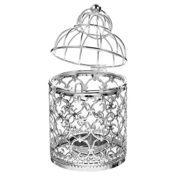KALLORY 1Pack Birdcage Shape Cage Lantern Candle Holder Iron Small Animal Cage Decoration Silver 14.50X8.00X8.00Cm