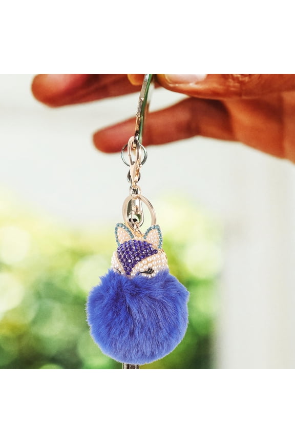 1Pack Fluff Ball Keychain with Pearls Rhinestones Inlay for Purse Jewelry Handbags Blue 5.5x3.1x3.1in