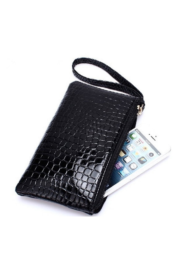 1Pcs Black Pu Polyester Handbag Wallet For Women With Pattern And Zippered Structure