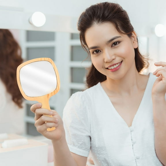 KALLORY 1Pcs Handheld Mirror Beige Square Wood Glass High Definition Scratch Resistance For Women Daily Use Bedroom