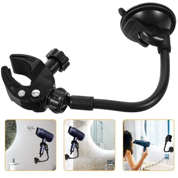 KALLORY Black Wall Mounted Hair Dryer Holder with Strong Cup - No Drilling Required, Space Saving Bathroom Organizer