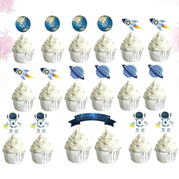 KALLORY 26Pcs Outer Space Themed Cake Topper Birthday Cake Insert Topper Creative Cake Picks Assorted Color