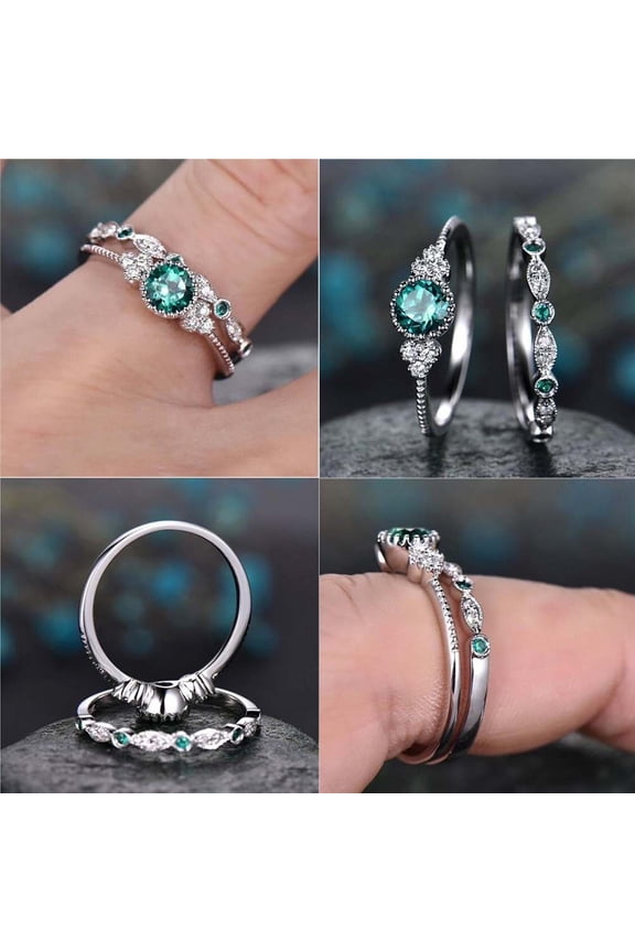 2Pcs Green Stone Ring for Women Vintage Design Fashion Accessory