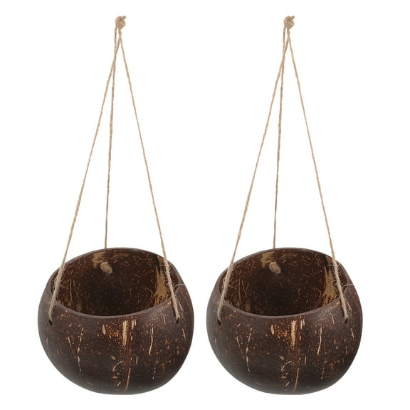 KALLORY Balcony Hanging Planter Round Coconut Shell Brown 2Pcs for Indoor Use