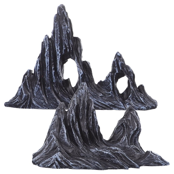 KALLORY 2-Pack Black Artificial Rock Mountain Aquarium Decoration Resin Figurines for Fish Tank Landscape