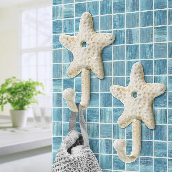 KALLORY 3Pcs Coastal Wall Hooks Nautical Style White Iron Sea Star Shape for Porch and Bedroom