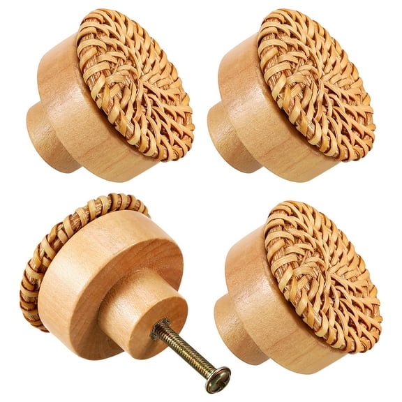 KALLORY 4 Pcs Boho Knobs Rattan Furniture Drawer Pulls Light Brown Round Decorative