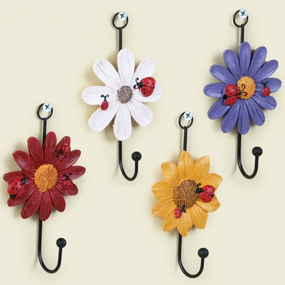 KALLORY 4 Pcs Resin Hooks Daisy Decorative Hooks Wall Hooks Wall Hangers Hanging Wall Mounted Key Hook for Home Restaurant (White + Yellow + Purple)