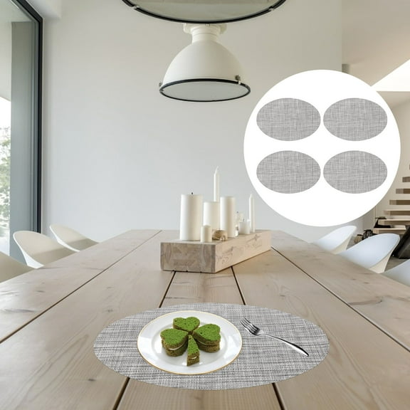 KALLORY 4Pcs Desk Pad Mat Grey Oval PVC Anti-slip Stain-resistant Insulated Washable Heat Protection for Daily Dining