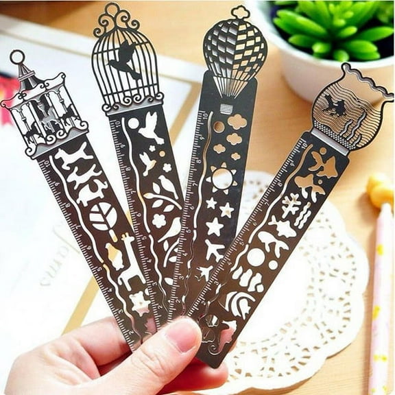 KALLORY 4pcs Bookmark Stencil Stainless Steel Hollow Drawing Template Tool DIY Photo Album/Diary/Letter Accessories Ruler (Mixed Style)
