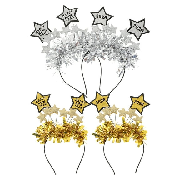 KALLORY 4pcs Glitter Happy New Year Eve Headband 2026 Christmas Photo Props Tinsel Hair Hoops Star Headdress Party Decorations Accessories