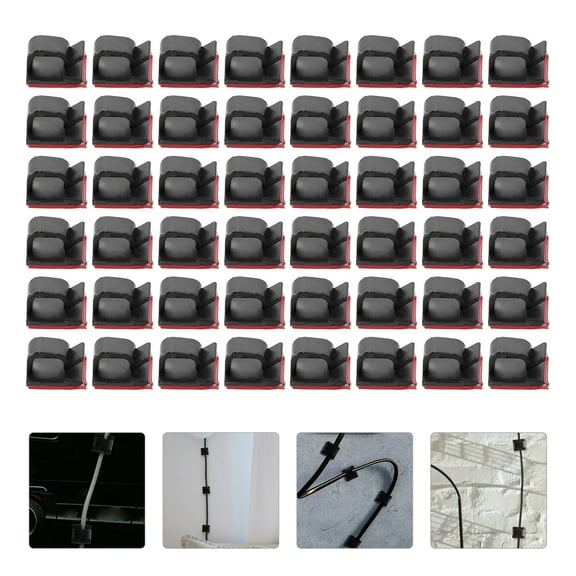 KALLORY 50Pcs Black Plastic Self-Adhesive Cable Clips for Desk Organization Wire Clamps