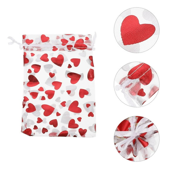 KALLORY 50Pcs Red Organza Drawstring Bags for Valentine Party Candy Pouches and Wrapping