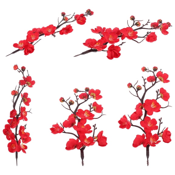 KALLORY 5Pcs Red Artificial Wintersweet Flower For Home Decor Lifelike Short Branch Silk Flower