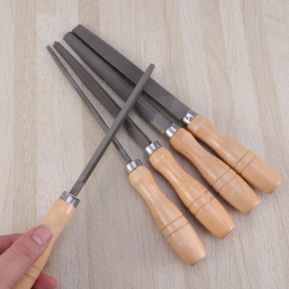 KALLORY 5-Piece Carbon Steel File Set with Wooden Handles, Assorted Colors for Metal, Wood, Plastic Shaping and Finishing