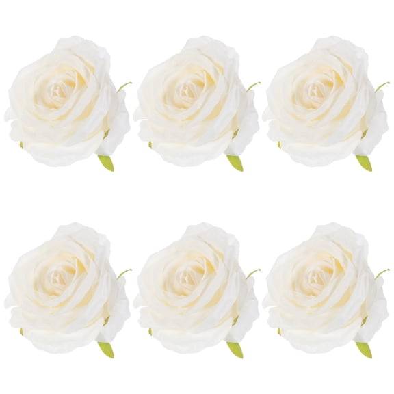 KALLORY 6Pcs White Artificial Roses Heads Silk Cloth Flowers for Wedding Reception Table Decor