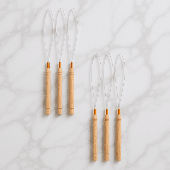 KALLORY 6Pcs Hair Extension Threader Kit with Wooden Handle and Stainless Steel Needle