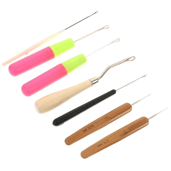 KALLORY 6pcs Wooden Dreadlocks Hook Portable Knitting Tool Plastic Crochet Needle Hairdressing Tool for Barber Hair Home (Wooden Handle Small Plastic Handle and Wooden Handle 2pcs for Each)