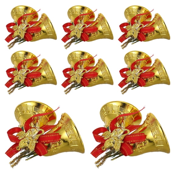 KALLORY 8Pcs Elegant Golden Holiday Bell Ornaments with Plastic Electroplated Finish for Xmas Decorations