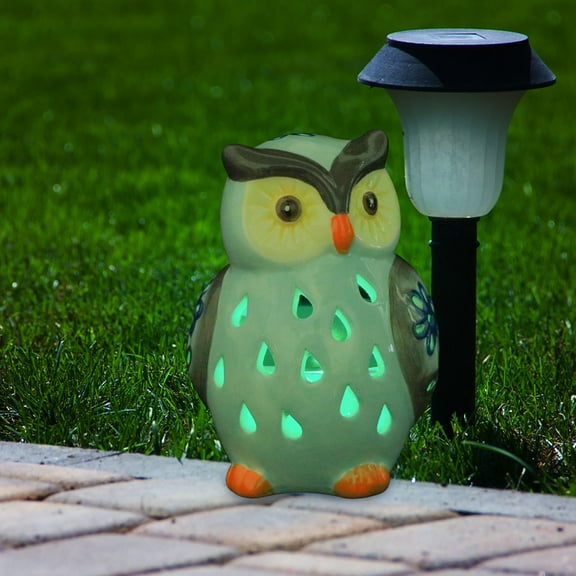 KALLORY Blue Ceramic Owl Shaped Solar Powered Night Light for Garden and Yard Lighting 4.7 Inches