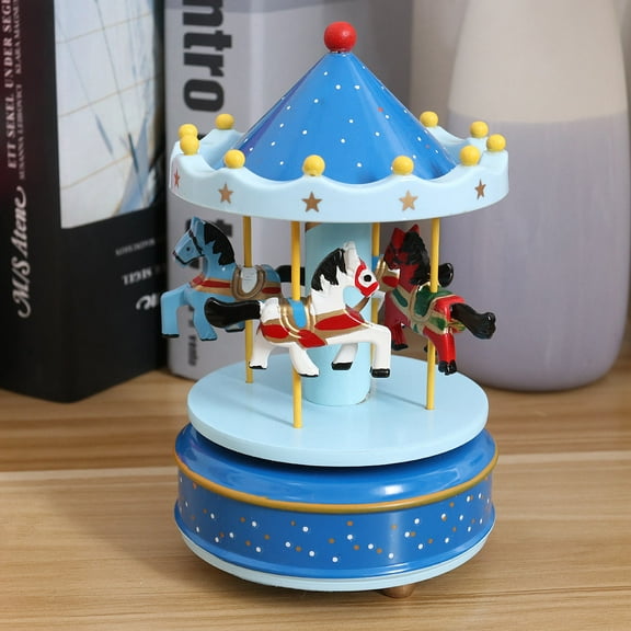 KALLORY Blue Mechanical Movement Wooden Carousel Music Box Decorative Gifts for Girls Perfect for Birthday