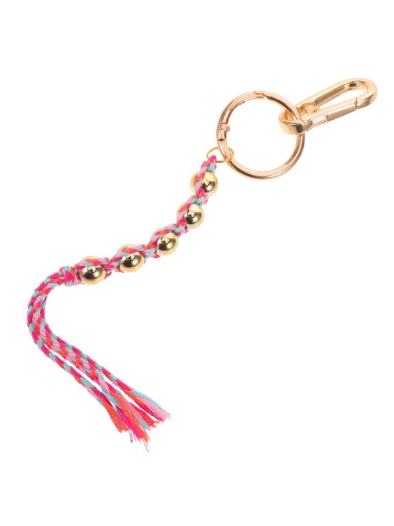 Red Bohemian Braided Rope Keychain with Tassels and Lucky Bead Charm for Key