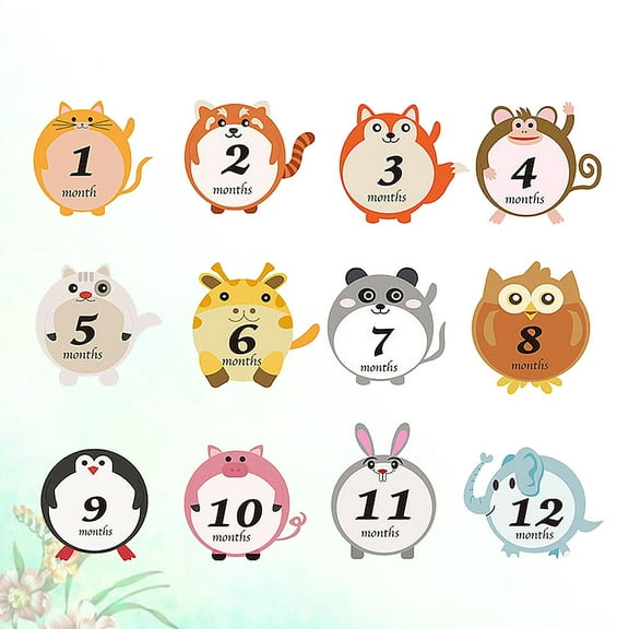 KALLORY Cartoon Animal Baby Month Decals Photo Stickers for Decoration Assorted Color Safe PVC 12pcs