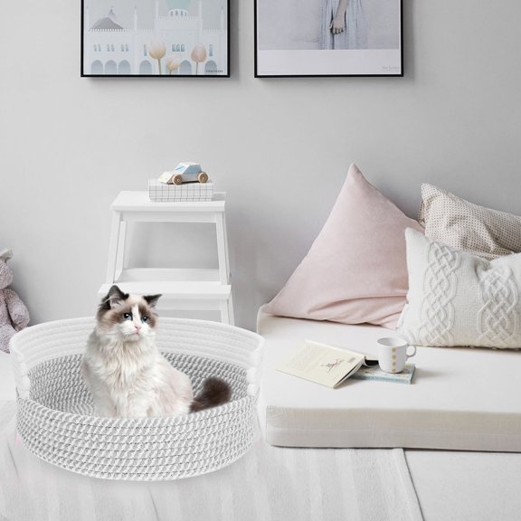 KALLORY Cotton Rope Woven Cat Bed Grey Breathable Soft Nest for Year Round Use