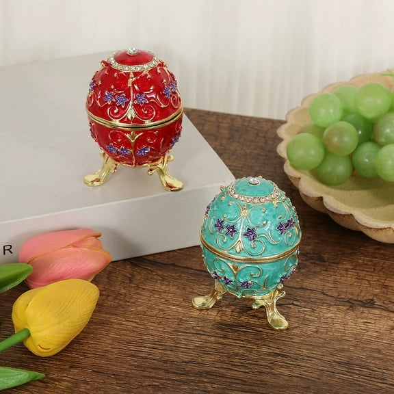 KALLORY Decorative Egg Trinket Box Hand Painted Hinged Trinket Holder Antique Metal Jewelry Organizer Rhinestone Ring Storage Box for Holiday Wedding