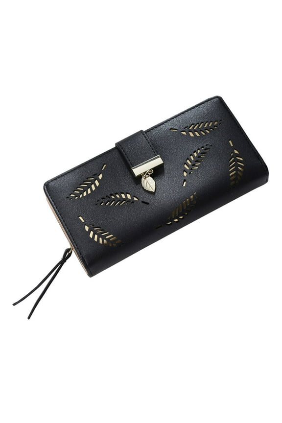 Elegant Clutch Wallet with Hollow Leaves Patterns for Women Cash Holding Black PU Leather 70