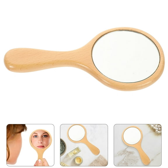 KALLORY Hand Held Mirror 1Pack Handle Mirrors Khaki Wood Glass Simple Design Bathroom Use