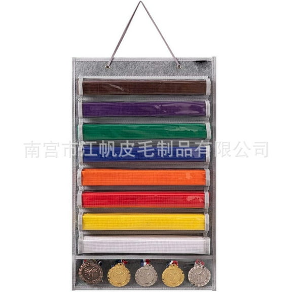 KALLORY Grey Felt Wall Organizer Shelf for Martial Arts Belt and Medal Display Storage Solution, and Space-Saving