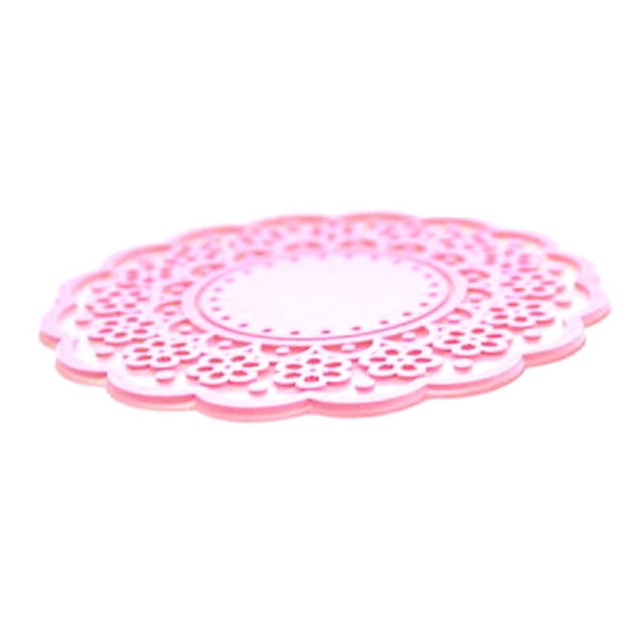 KALLORY Round Pink Silicone Coasters 4Pcs for Wooden Tables and Glass Desks in Translucent Lace Style