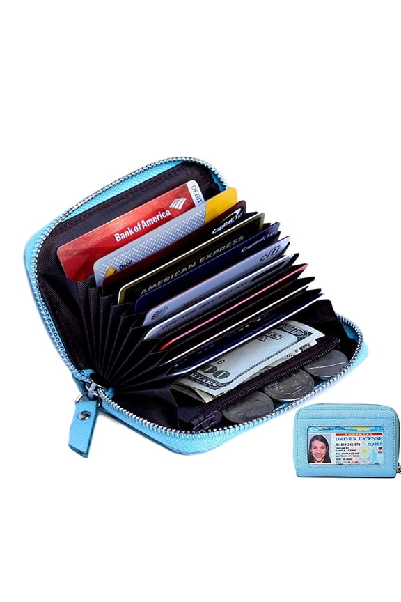 Women's Genuine Leather Credit Card Holder RFID Secure Spacious Cute Zipper Card Wallet Small Purse with ID Window