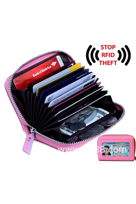 Women's Genuine Leather Credit Card Holder RFID Secure Spacious Cute Zipper Card Wallet Small Purse with ID Window