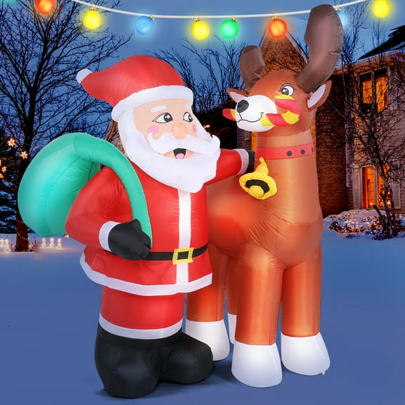KALNUR 6FT Christmas Inflatable LED Lighted Elk pulls Santa Claus Outdoor Yard Decoration