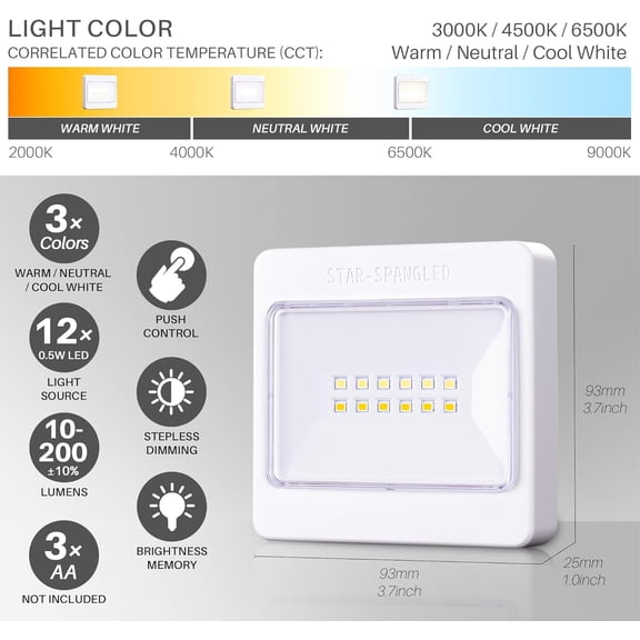 KALOMB-3 Pack 3.7 Dimmable Push Tap Lights, Stick on LED Touch Lights AA Battery Operated, 3 Color Modes Sticky Button Lamps for Classroom, Kitchen, Under Cabinet, Closet