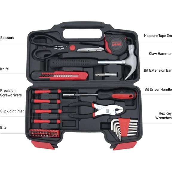 KALOMB-39-Piece Household Tools Kit Essential Home Repair Set with Plastic Toolbox Ideal for College Students, Home Use & More