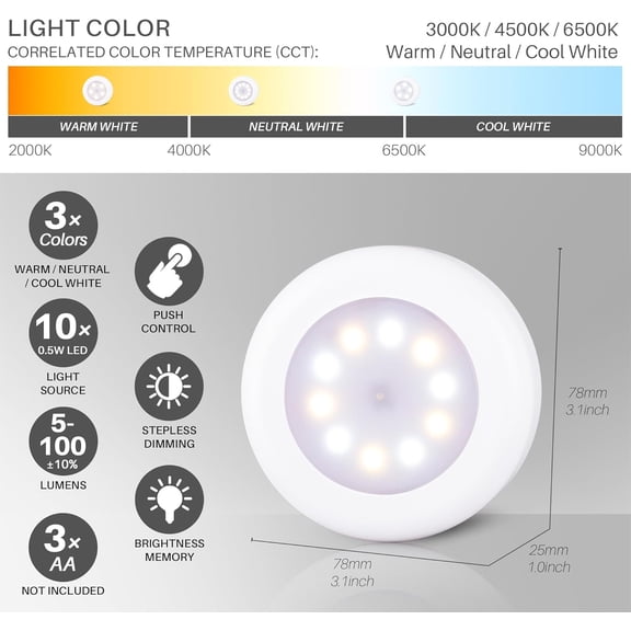 KALOMB-4 Pack 3.1 Dimmable Push Tap Lights, Stick on LED Touch Puck Lights AA Battery Operated, 3 Color Modes Sticky Button Lamps for Classroom, Kitchen, Under Cabinet, Closet