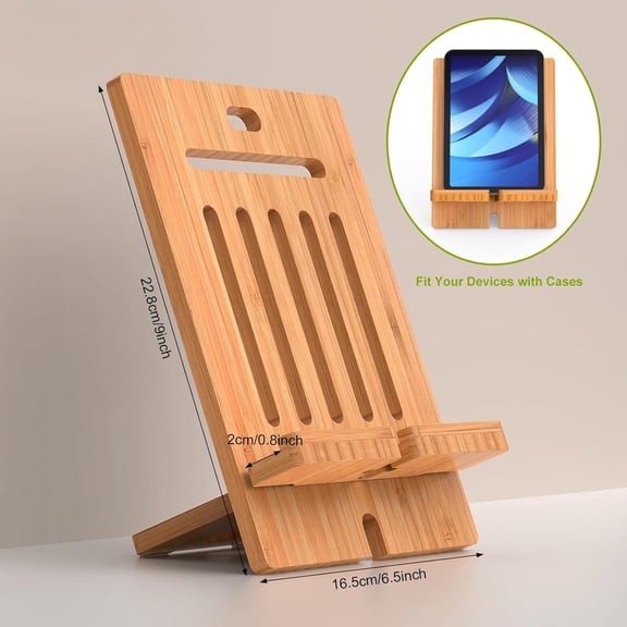 KALOMB-Bamboo Tablet Stand Adjustable, Desktop Cell Phone Stand Holder Dock Compatible with Pad Air/Pro/Mini, E-Reader, Smartphone (Support to 4.7-13" Devices)-Bamboo