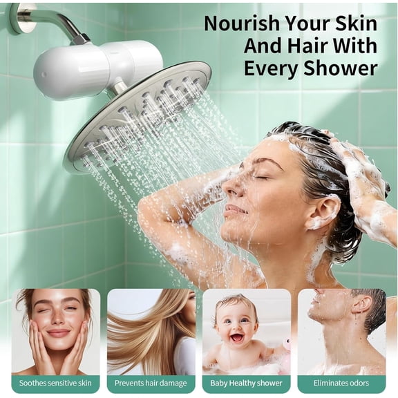 KALOMB-Duo Shower Filter - NSF Certified 20-Stage Shower Filter for Hard Water, Water Softener, Removes Chlorine, Heavy Metals, High Flow, Easy Replace Cartridge, Nourish Hair & Skin, Matte White