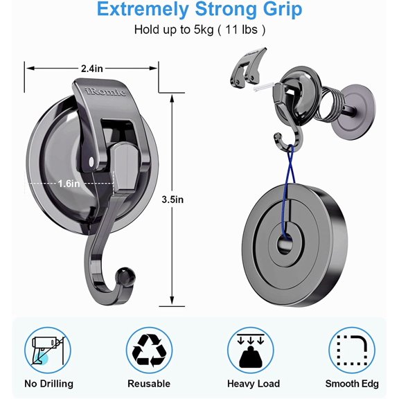 KALOMB-Heavy Duty Vacuum Suction Cup Hooks (2Pack) for Shower,Glass Window,Kitchen&Bathroom&Restroom OrganizationGun Silver.