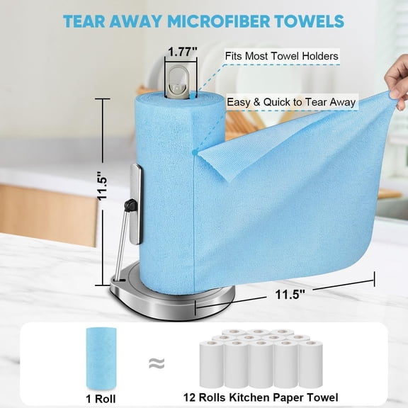 KALOMB-Microfiber Cleaning Cloth Roll, 75PK, Reusable Tear Away Paper Towels, Microfiber Towels for Cars, Washable Shop Rags Blue, Lint Free Rags for House, Mechanic, Workshops, 11.5"11.5"